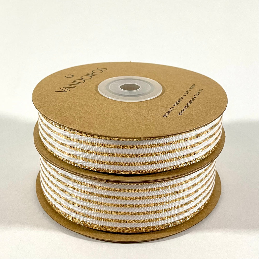 Pinstripe Taffeta Ribbon - White/Gold