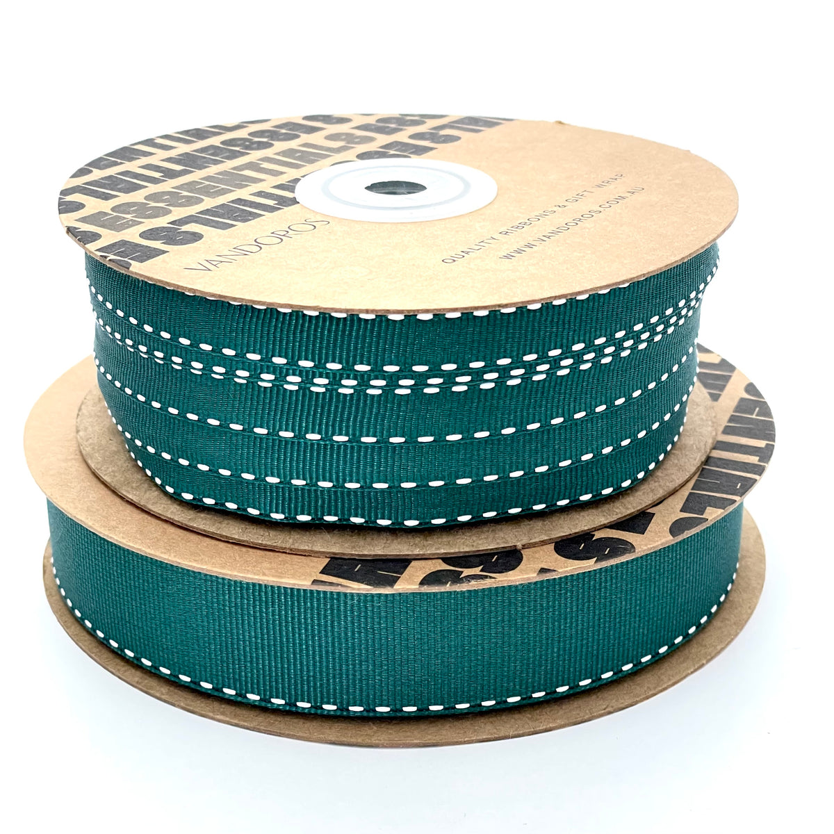 Three spools of dark teal grosgrain ribbon with white dashed stitching, wound on brown cardboard spools with black printed text, set against a plain white background.