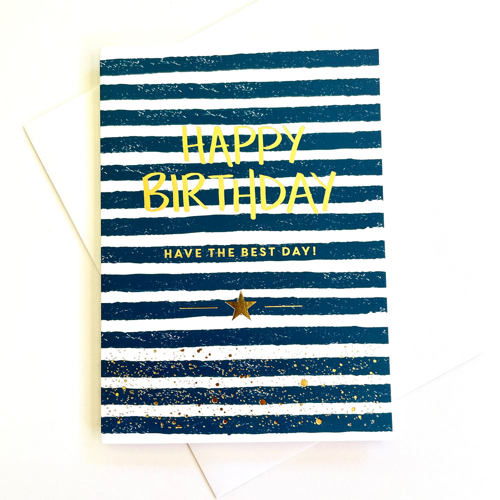 Striped Script Birthday Card - Navy